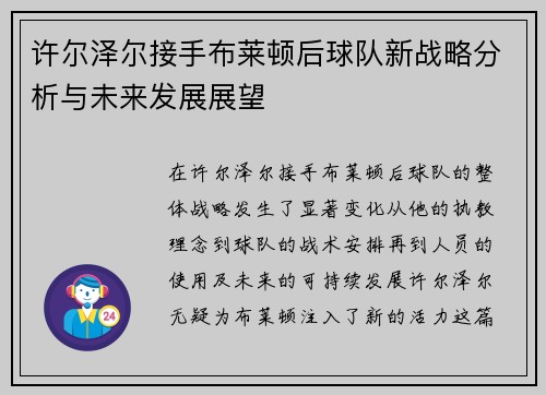 许尔泽尔接手布莱顿后球队新战略分析与未来发展展望